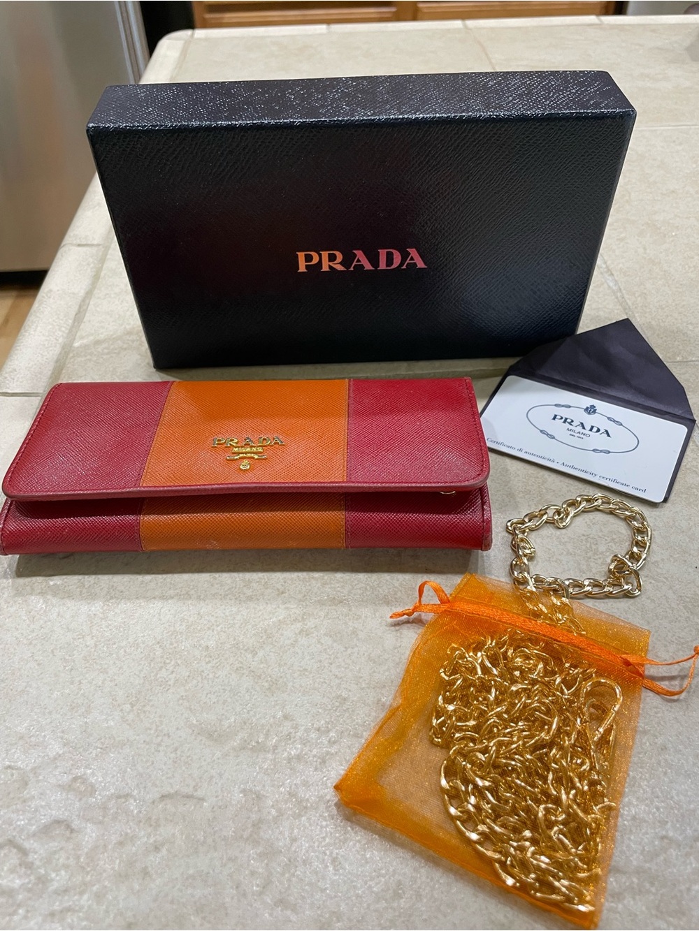 Prada Saffiano Tricolor Continental Wallet - Red & Orange